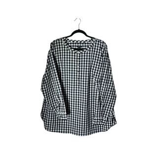 Talbots Plus 2X Black White Gingham Stretch Cotton Blouse w/ Rhinestone Buttons